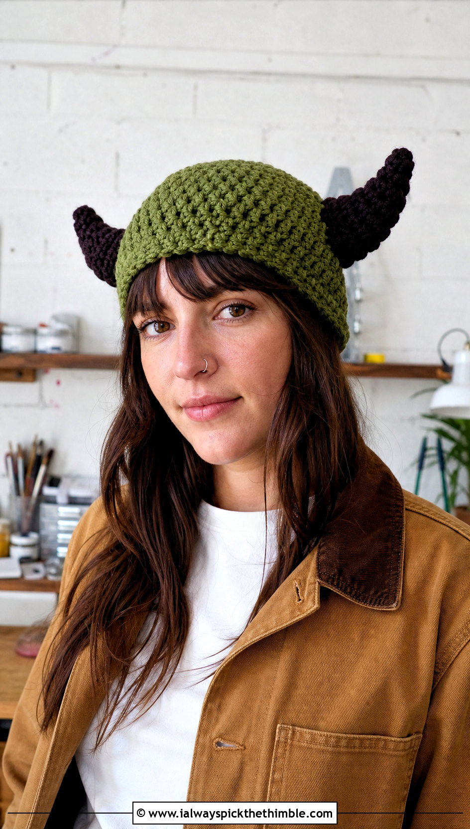 Two Tone Horned Crochet Beanie With Chore Jacket - 20 Crochet Horned Beanie outfit ideas