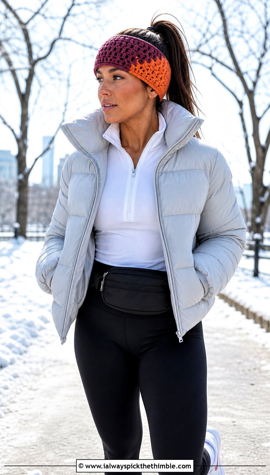 Two Tone Jasmine Stitch Ear Warmer With Puffer Jacket - 20 Crochet Jasmine Stitch Headband outfit ideas