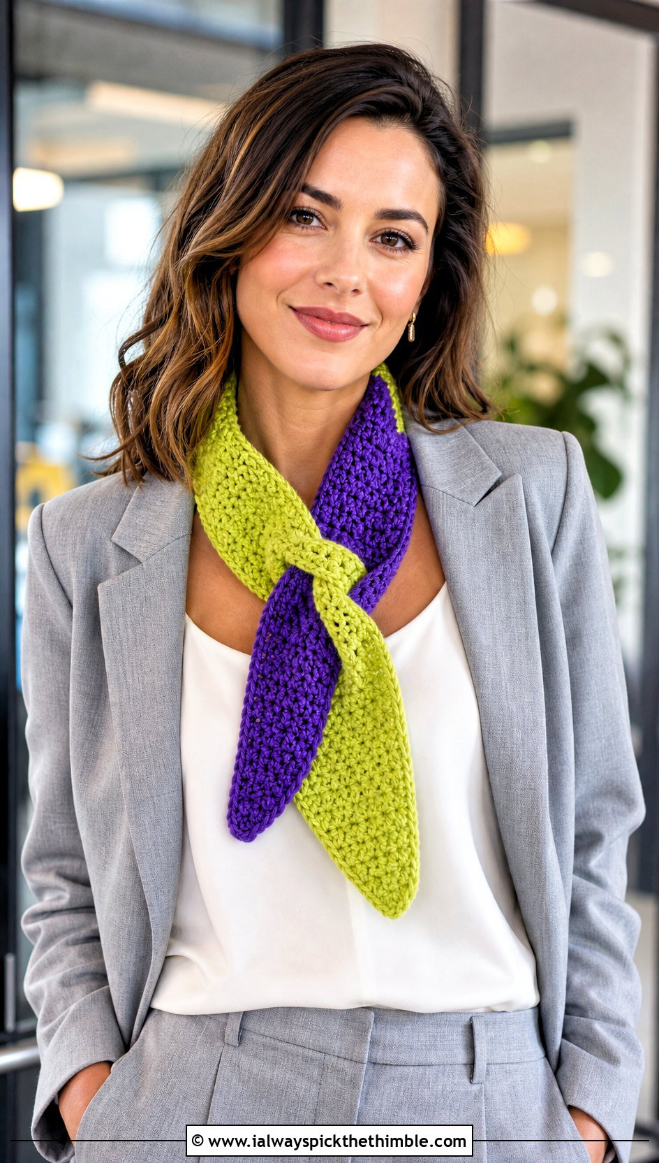 Two Tone Keyhole Crochet Scarf With Pantsuit - 20 two tone crochet scarf outfit ideas