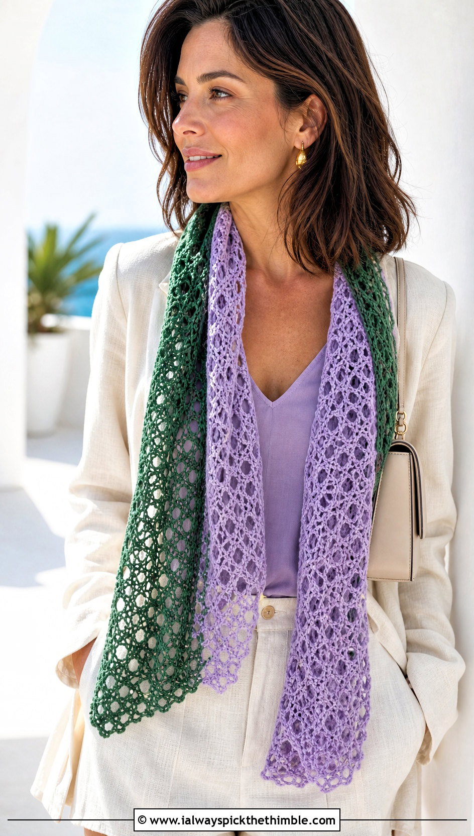 Two Tone Lacy Crochet Scarf With Linen Suit - 20 two tone crochet scarf outfit ideas