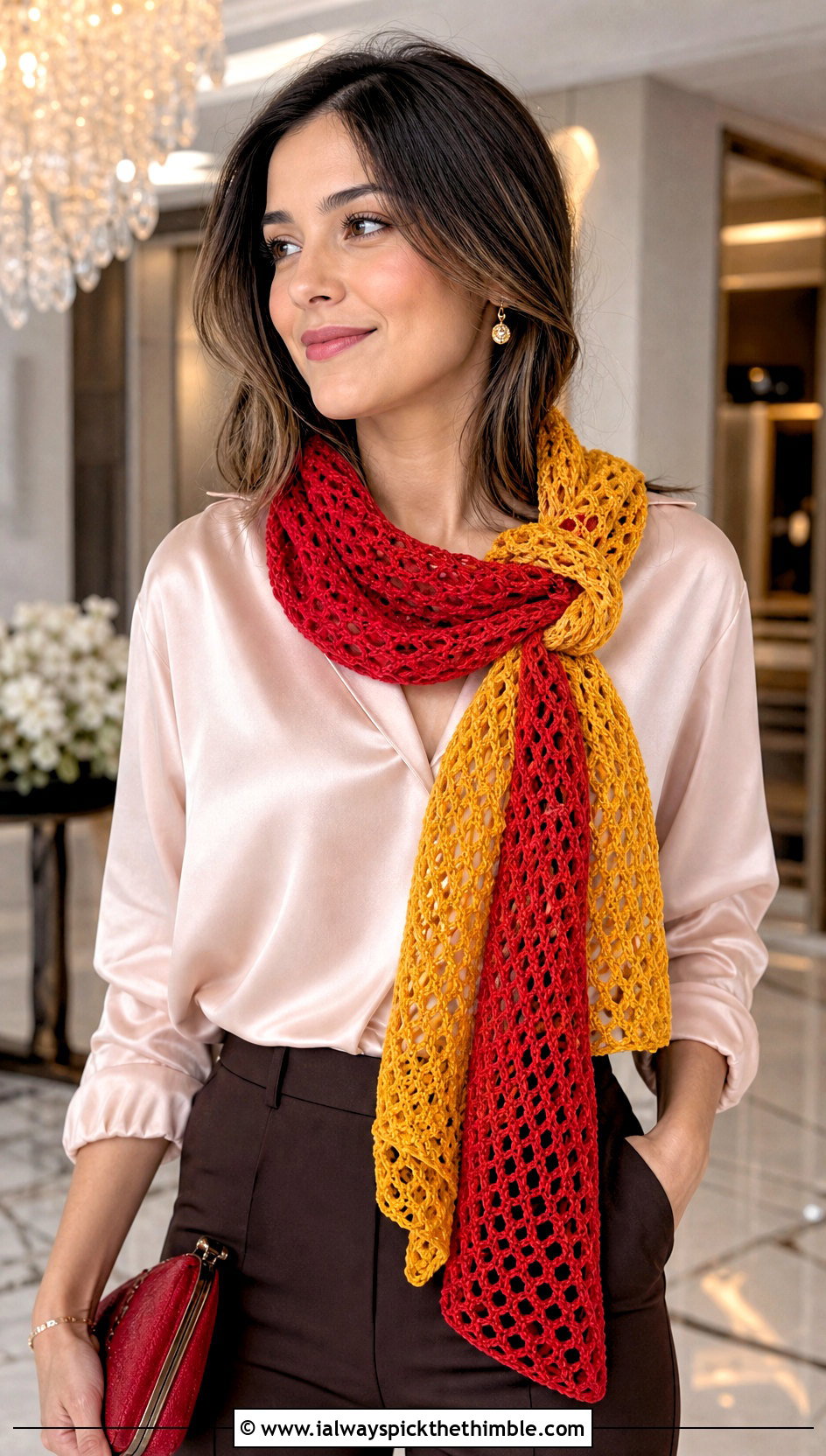 Two Tone Mesh Crochet Scarf With Satin Blouse - 20 two tone crochet scarf outfit ideas