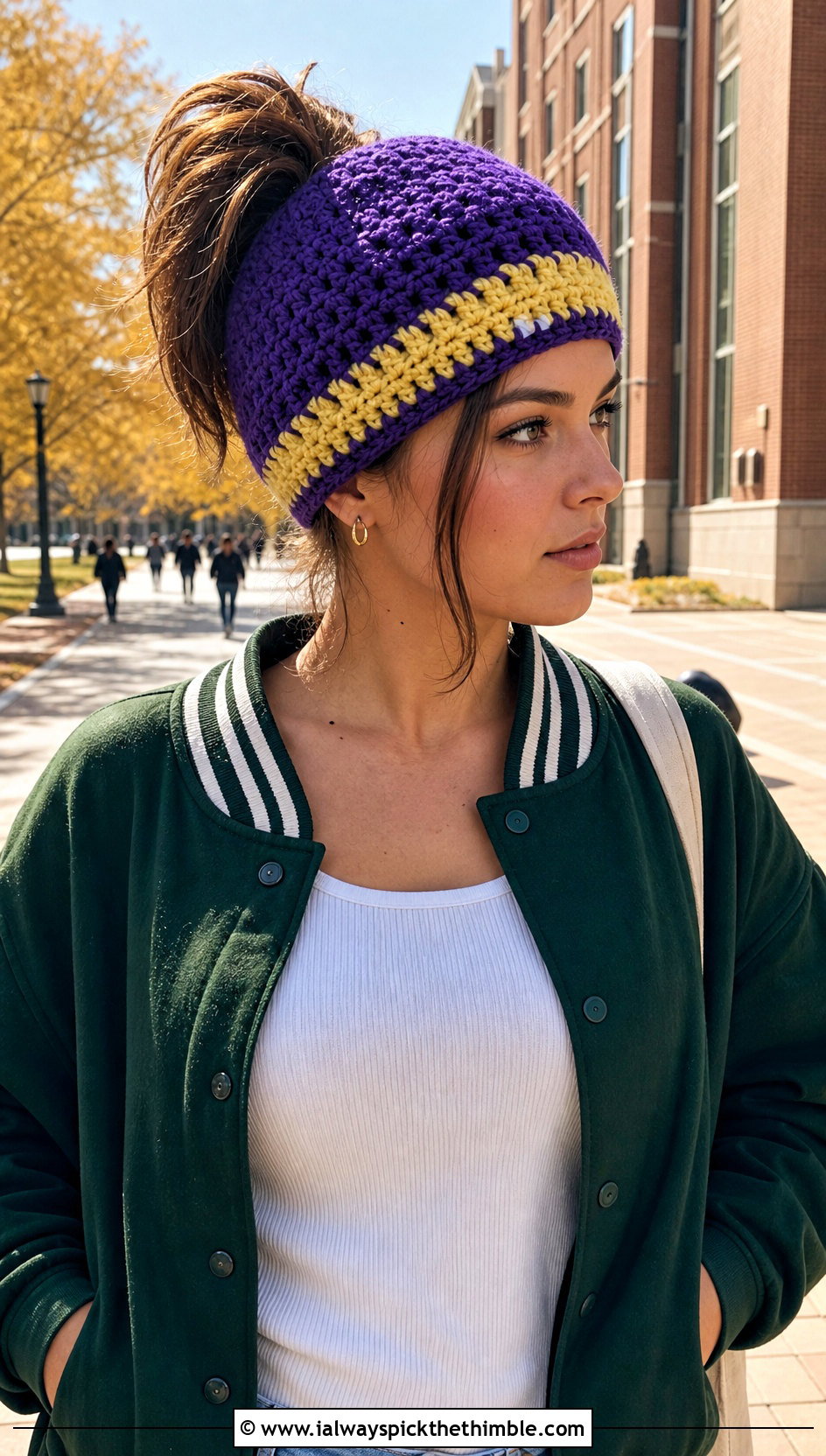 Two Tone Messy Bun Hat With Varsity Jacket And Denim Skirt - 25 crochet bun hat outfit ideas