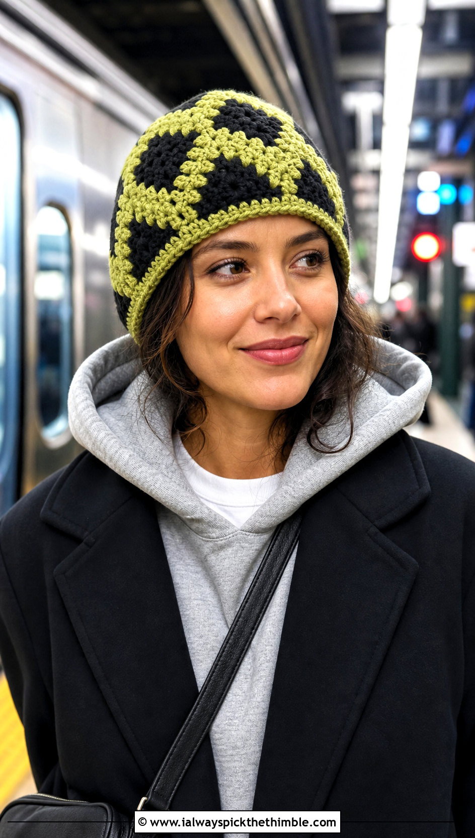 Two Tone Mosaic Crochet Beanie With Hoodie And Coat - 20 Mosaic Crochet Beanie outfit ideas