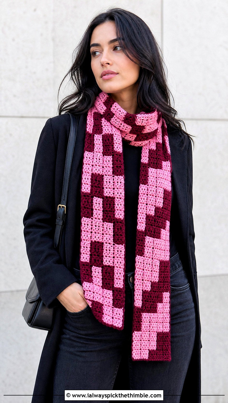 Two Tone Mosaic Crochet Scarf With Minimalist Outfit - 20 two tone crochet scarf outfit ideas