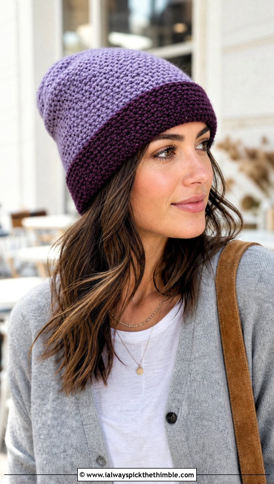 Two Tone Moss Stitch Beanie With Cardigan and Jeans - 20 Crochet Moss Stitch Beanie outfit ideas