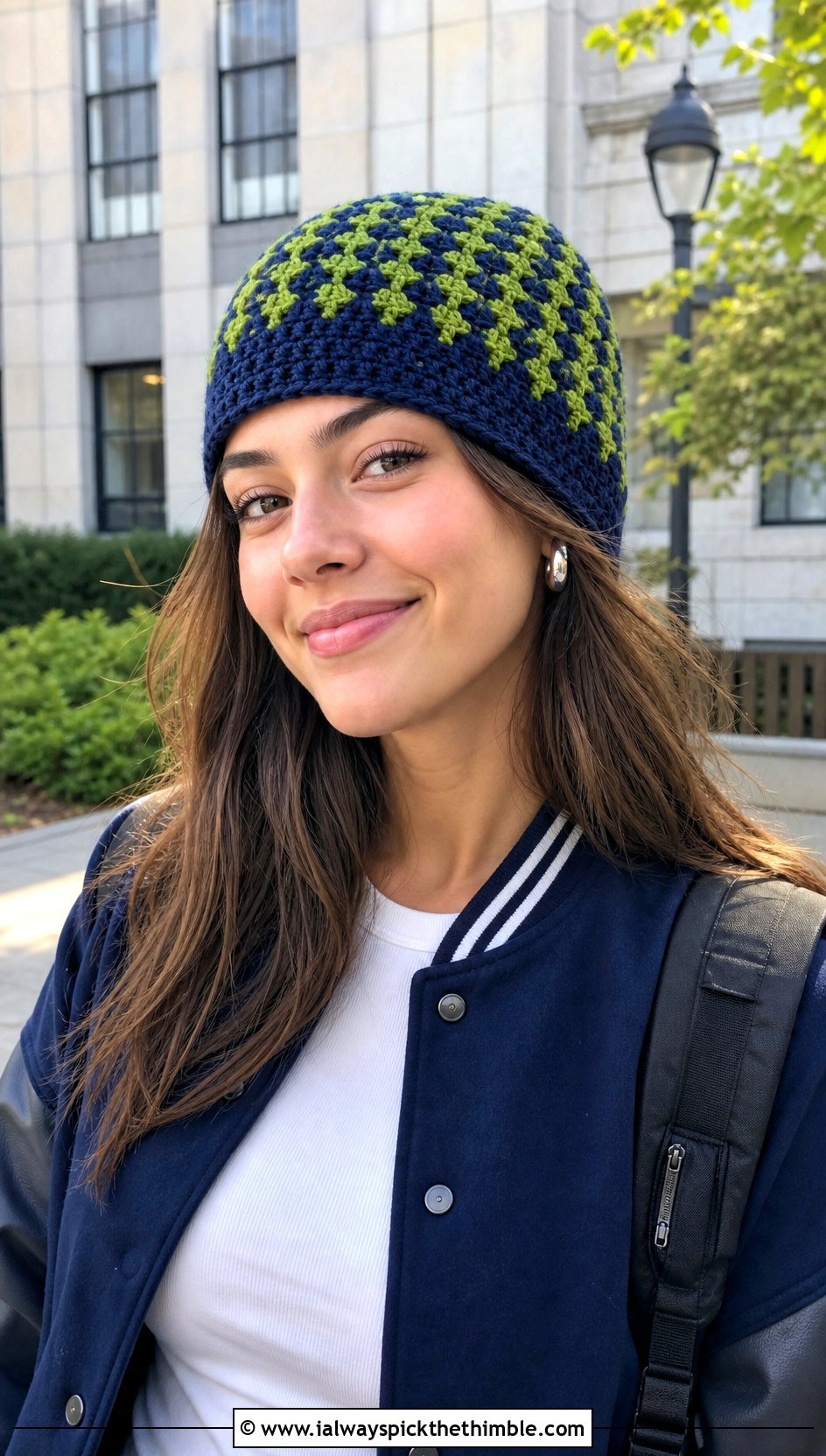Two Tone Moss Stitch Crochet Beanie With Varsity Jacket - 20 Moss Stitch Crochet Hat outfit ideas
