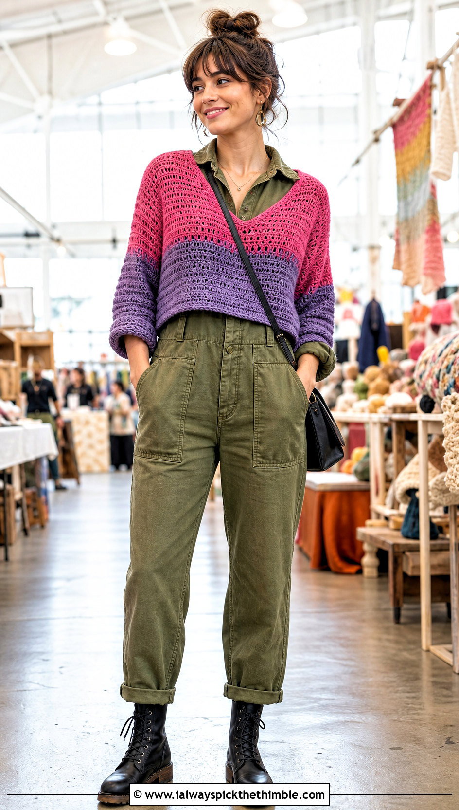 Two Tone Ombre Color Block Crochet Sweater With Utility Jumpsuit - 20 Color Block Crochet Sweater outfit ideas