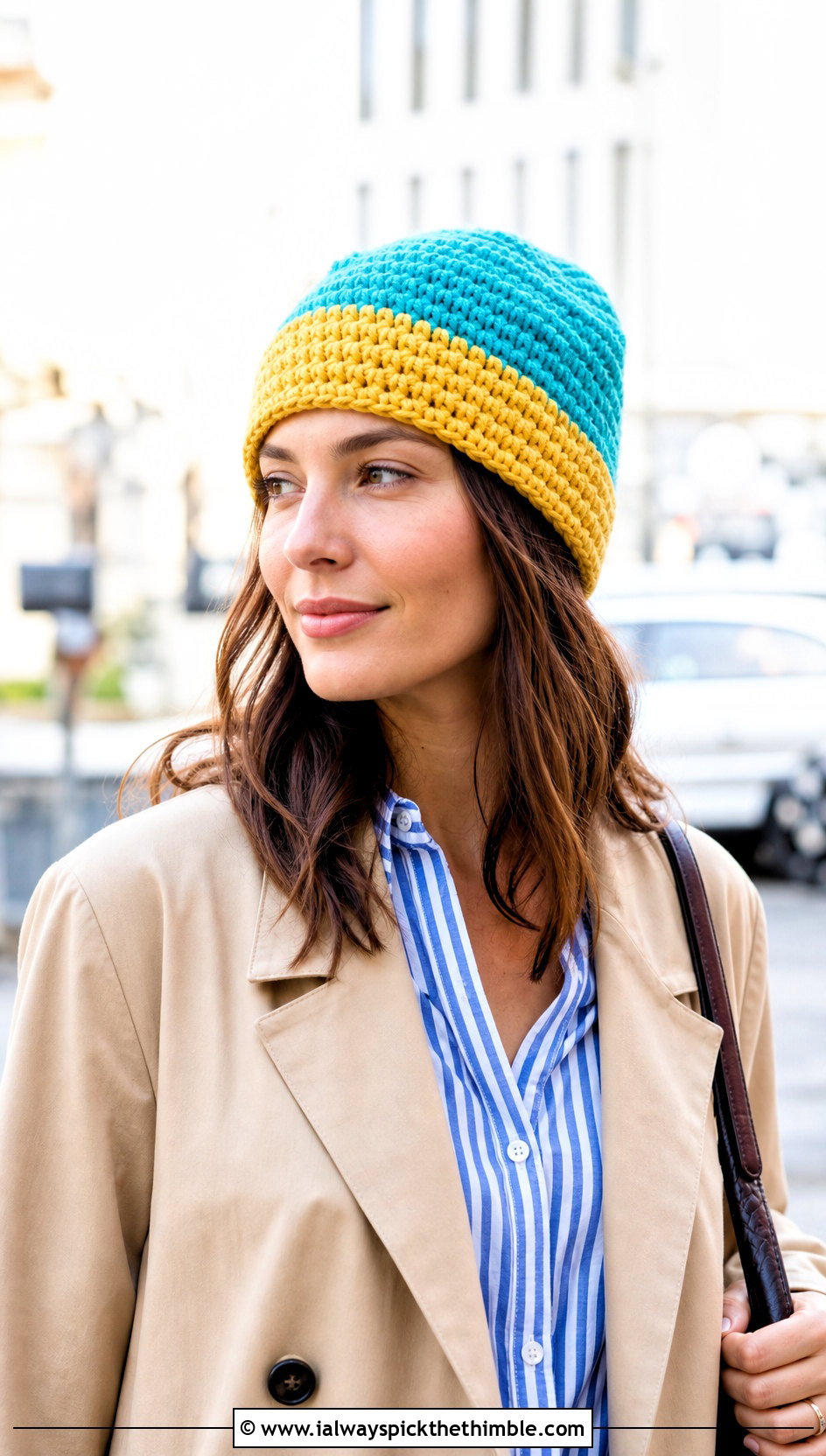 Two Tone One Hour Crochet Beanie With A Trench Coat - 20 One Hour Crochet Hat outfit ideas