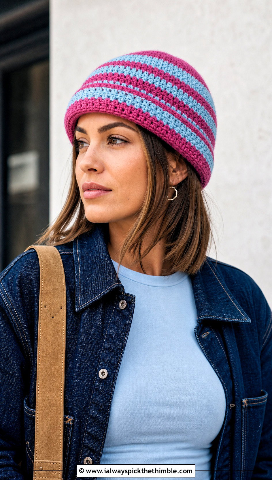 Two Tone Pinstripe Crochet Beanie With Double Denim - 20 striped crochet beanie outfit ideas