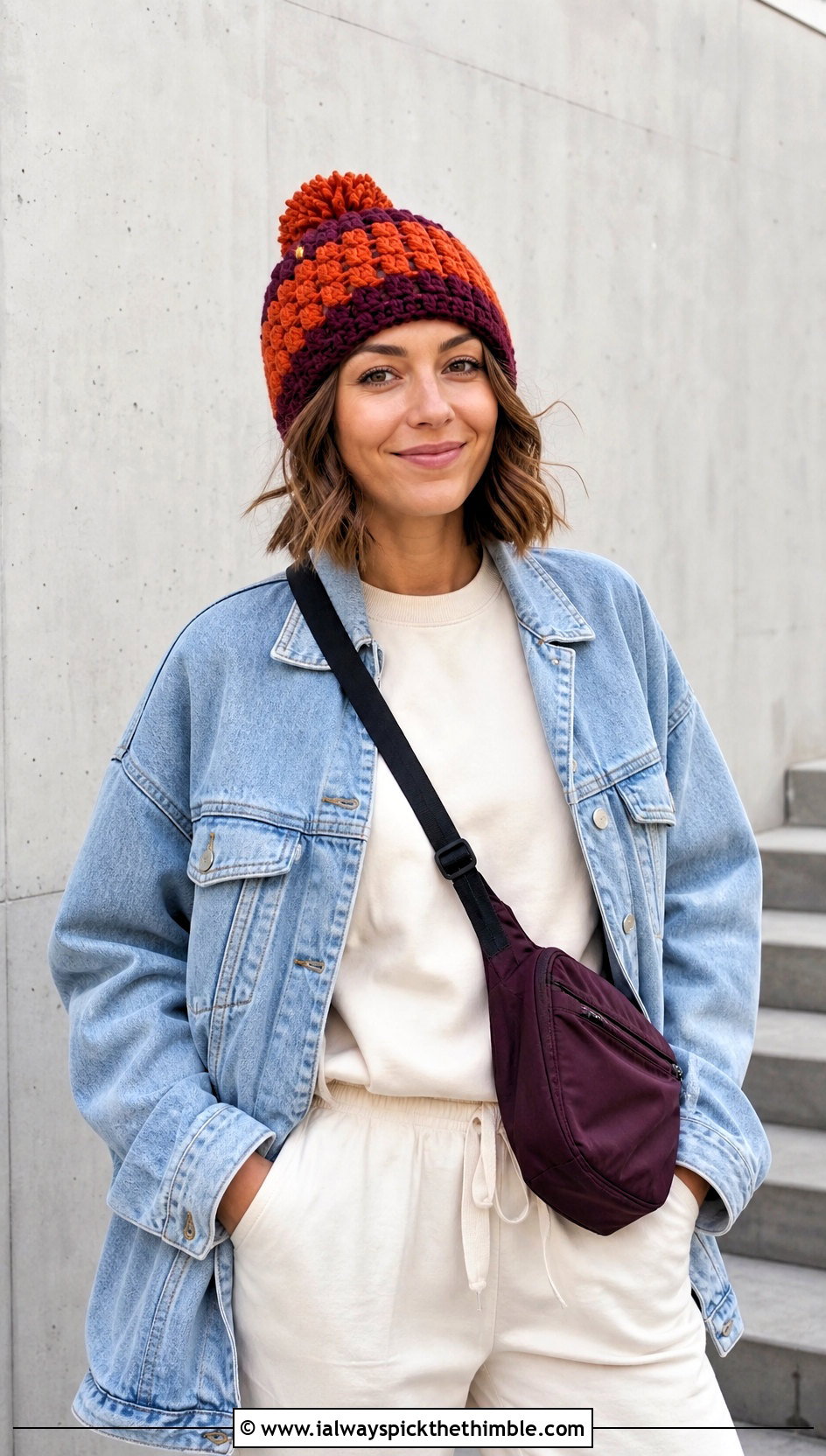Two Tone Puff Stitch Beanie With Denim Jacket - 20 crochet puff stitch beanie outfit ideas