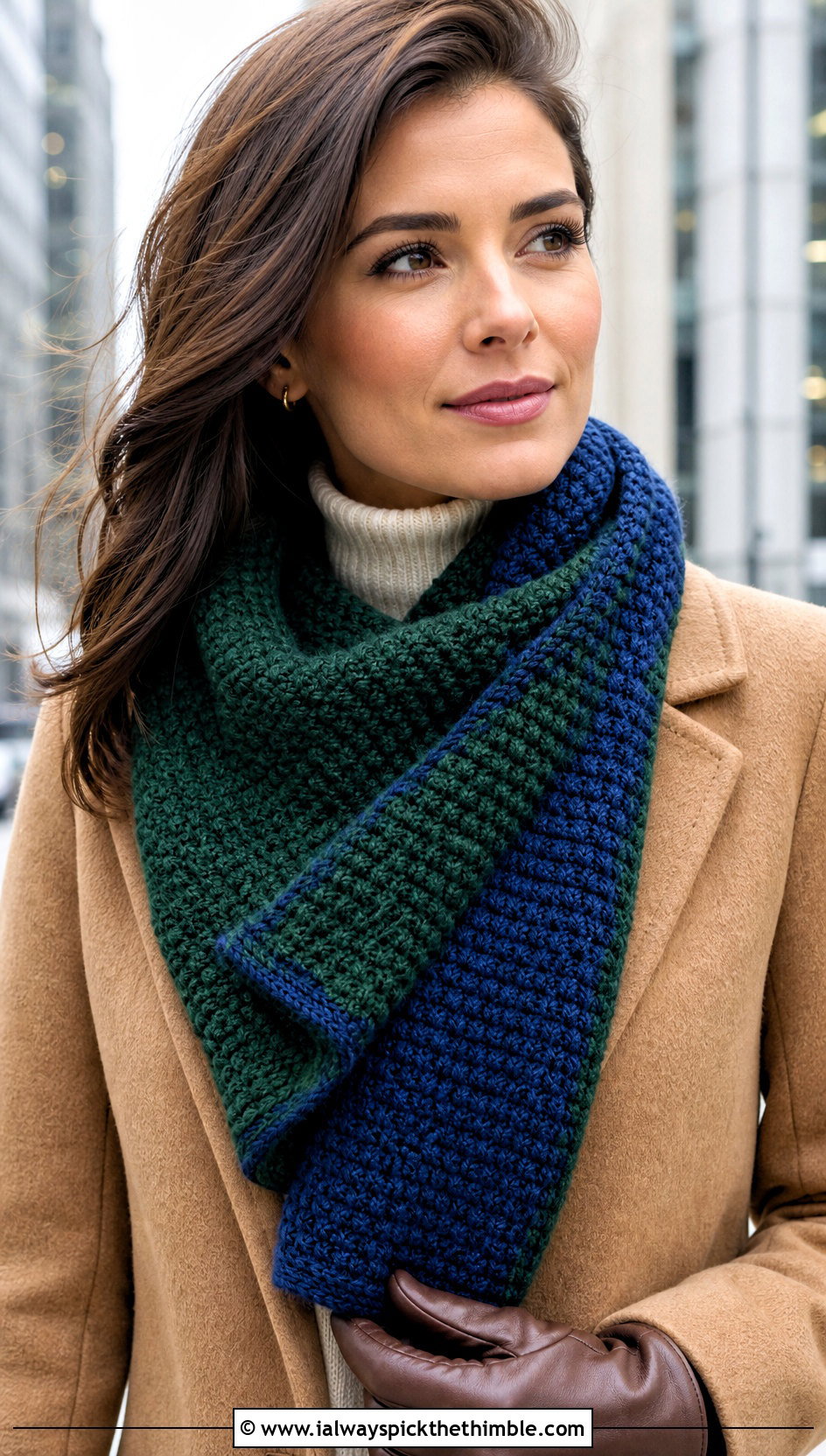 Two Tone Reversible Tunisian Crochet Scarf With Wool Coat - 20 two tone crochet scarf outfit ideas