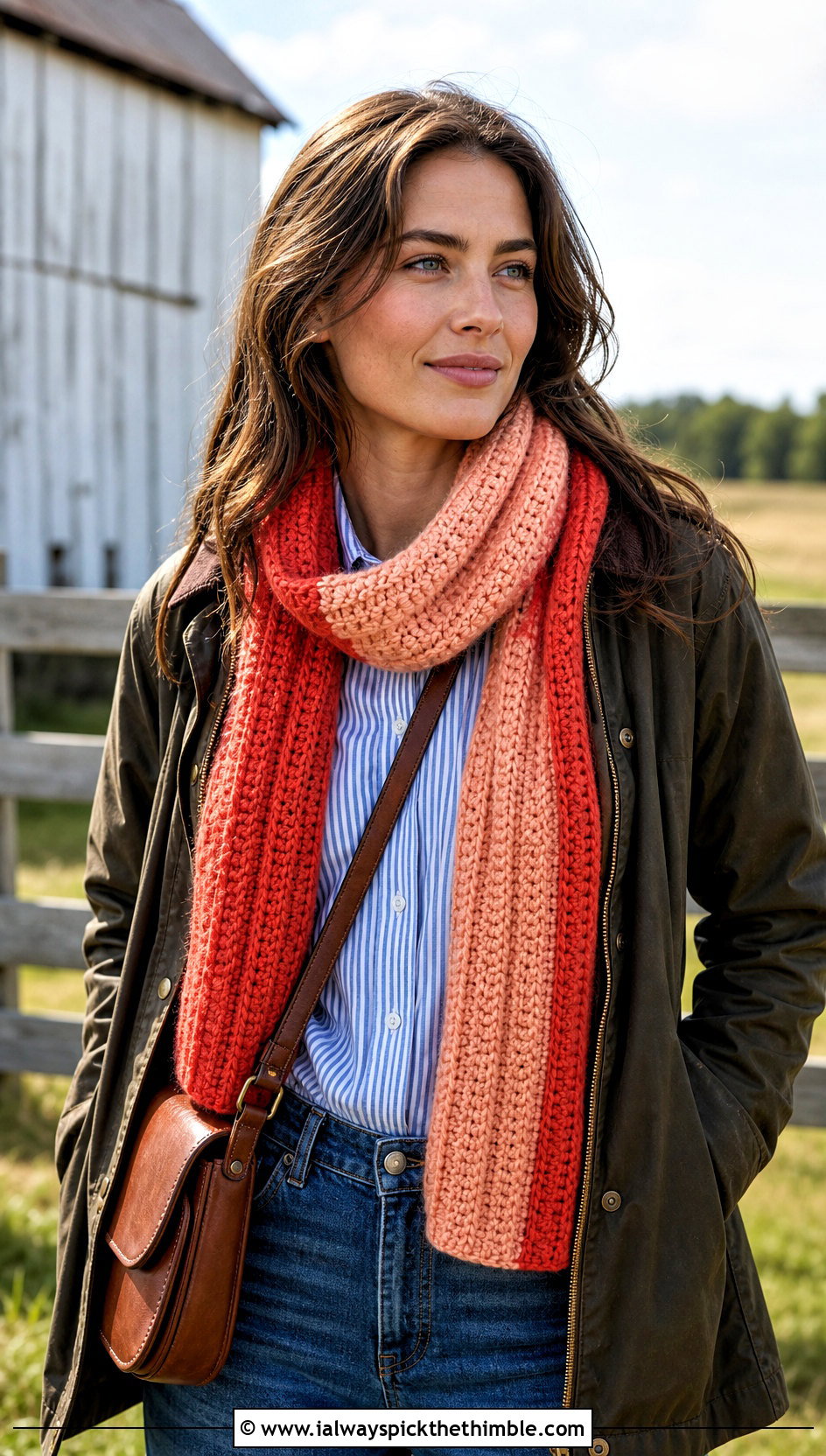 Two Tone Ribbed Crochet Scarf With Barn Jacket - 20 Ribbed Crochet Scarf outfit ideas