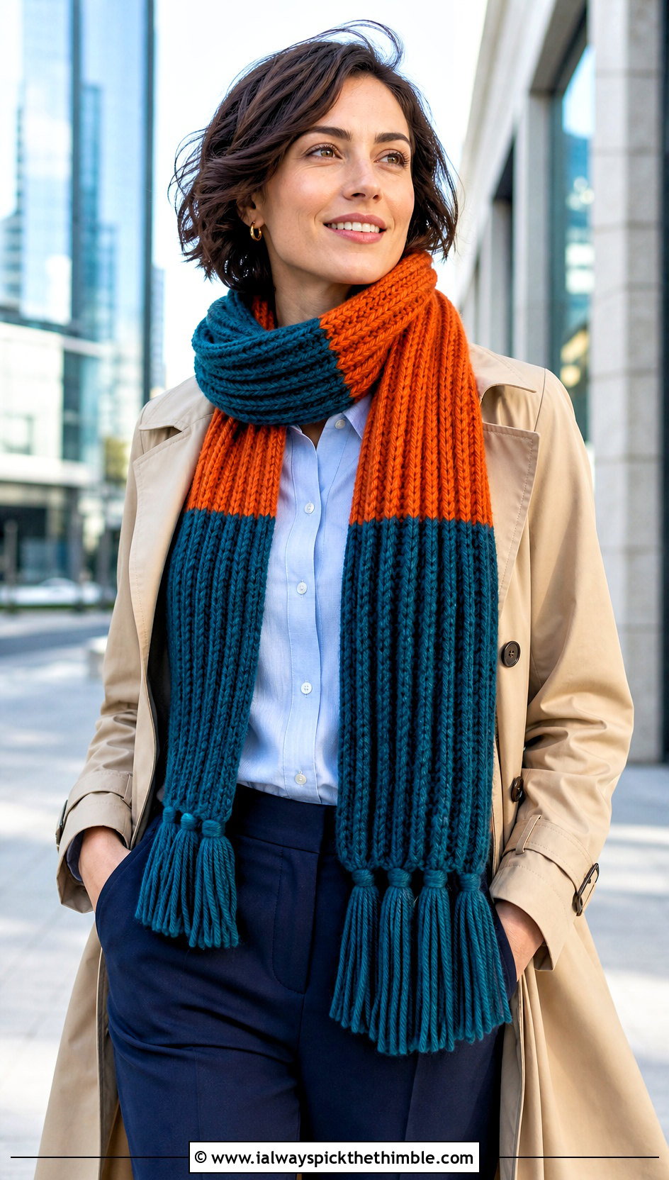Two Tone Ribbed Tassel Crochet Scarf With Trench Coat - 20 two tone crochet scarf outfit ideas