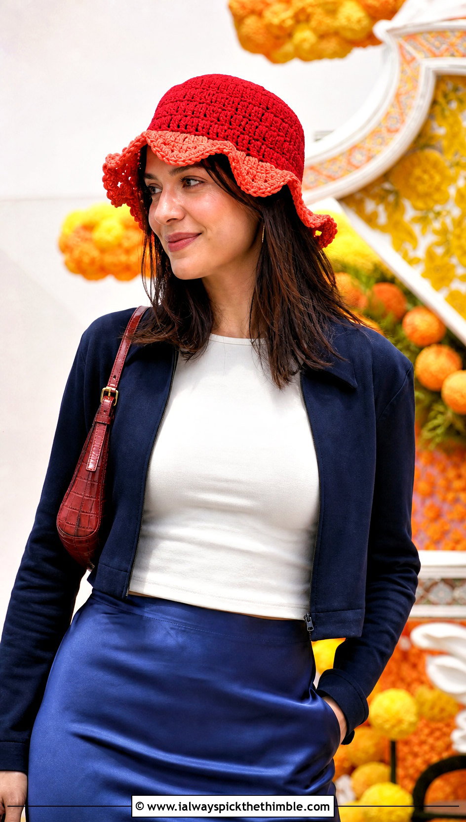 Two Tone Ruffle Crochet Bucket Hat With Satin Skirt - 25 ruffled crochet hat outfit ideas