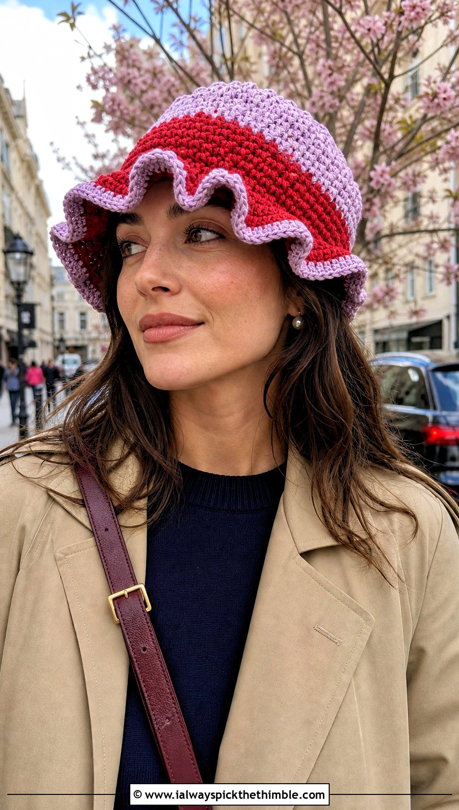 Two Tone Ruffled Crochet Bucket Hat With Trench Coat And Loafers - 20 ruffled crochet bucket hat outfit ideas