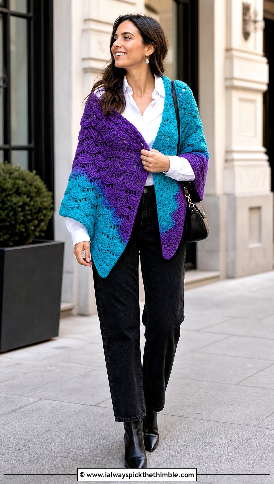 Two Tone Shell Shawl With Black Jeans - 20 Crochet Shell Shawl outfit ideas