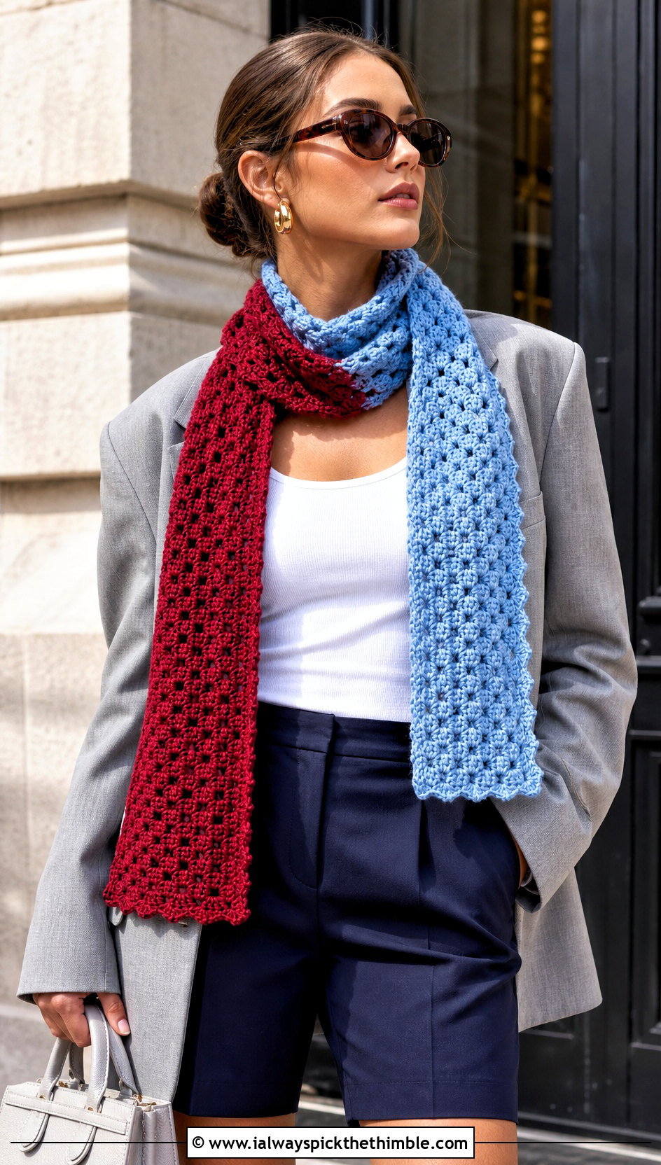 Two Tone Shell Stitch Scarf With Blazer And Bermuda Shorts - 20 Shell Crochet Scarf outfit ideas