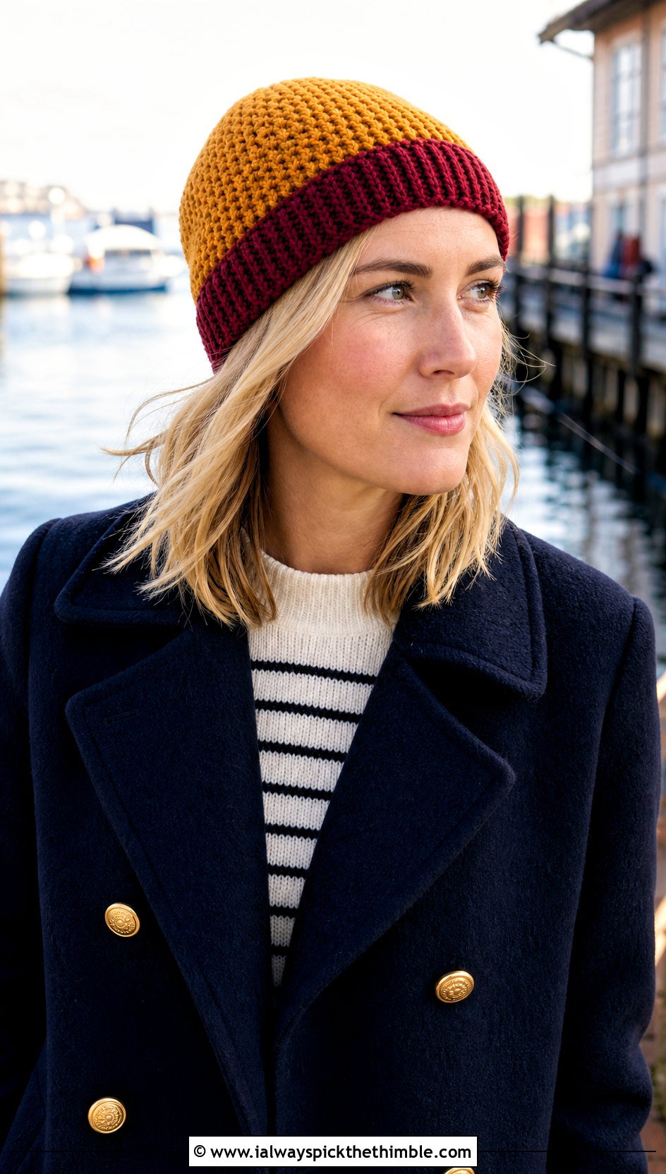 Two Tone Short Row Watch Cap With Peacoat - 20 short row crochet hat outfit ideas
