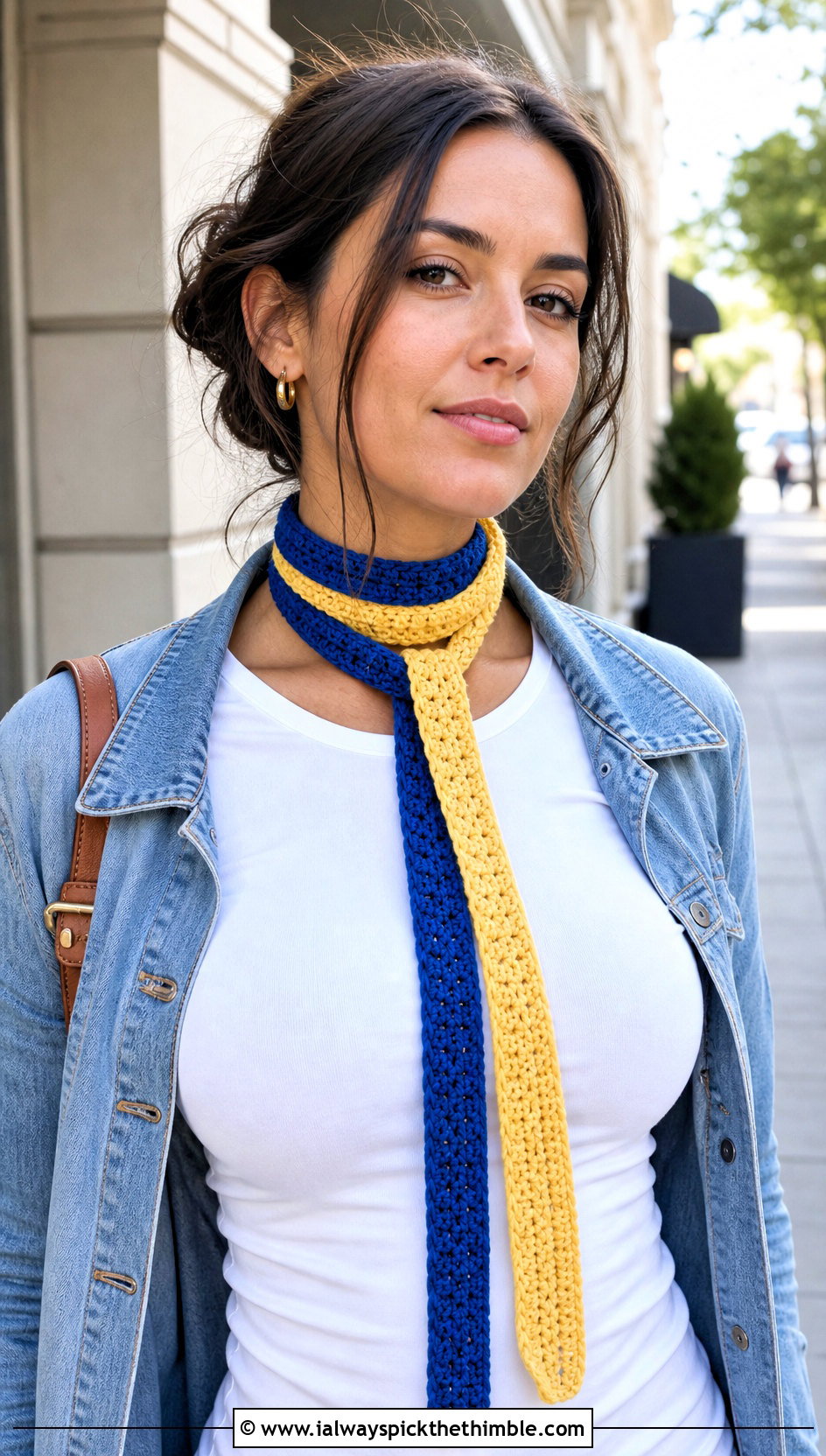 Two Tone Skinny Crochet Scarf With Denim Jacket - 20 two tone crochet scarf outfit ideas