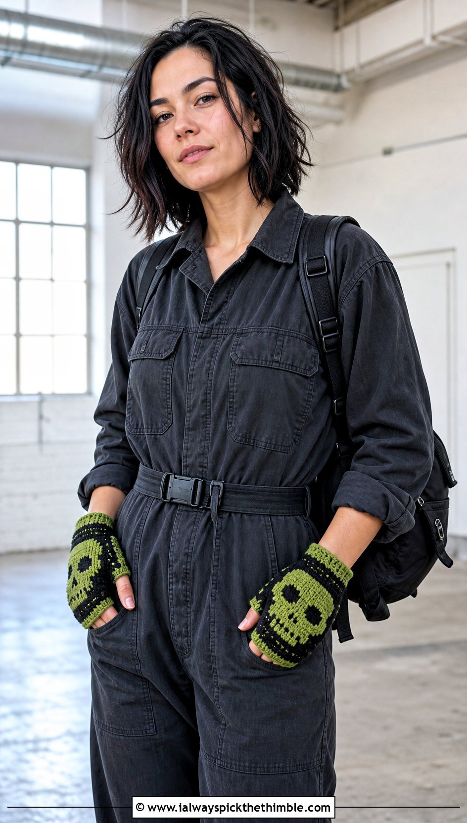 Two Tone Skull Gloves With Utility Jumpsuit And Sneakers - 15 Crochet Skull Gloves outfit ideas