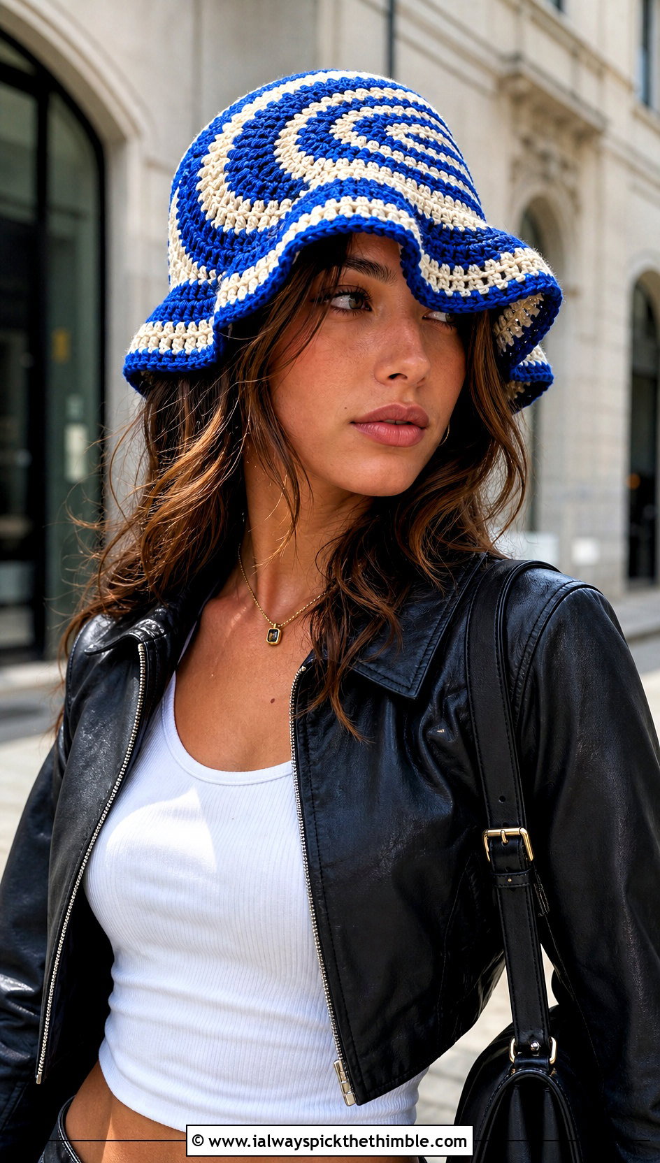 Two Tone Spiral Crochet Ruffle Bucket Hat With Leather Jacket - 25 crochet ruffle bucket hat outfit ideas