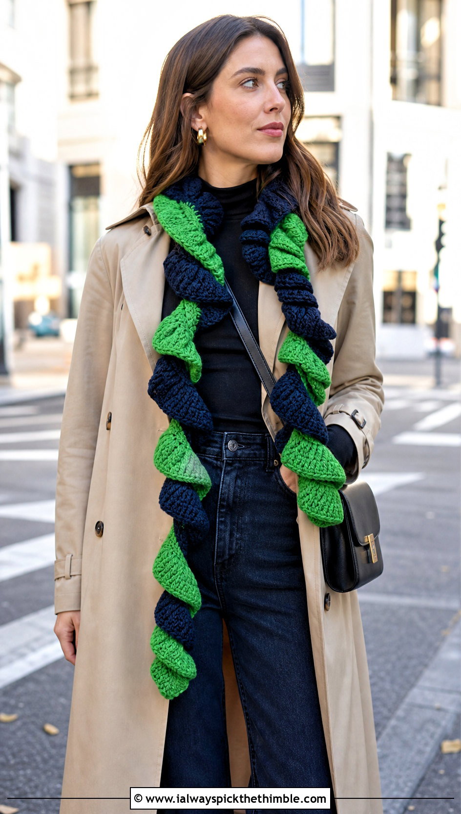 Two Tone Spiral Crochet Scarf With Trench Coat - 15 easy spiral crochet scarf outfit ideas
