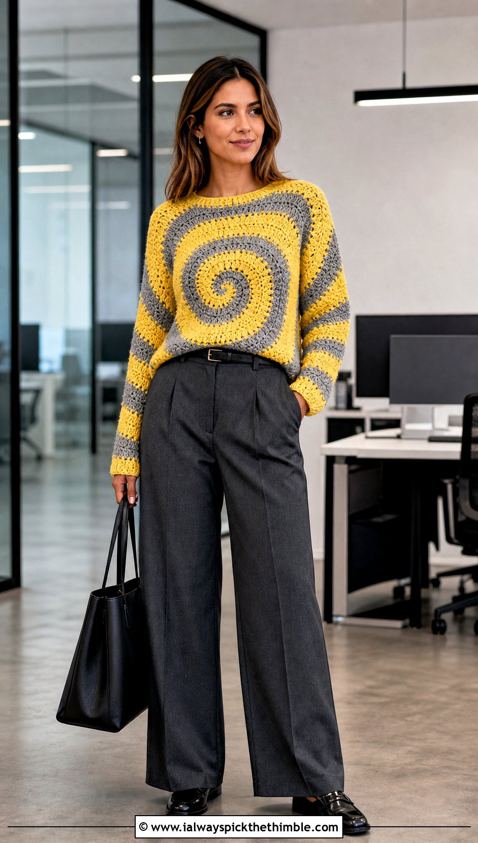 Two Tone Spiral Crochet Sweater With Tailored Trousers - 25 spiral crochet sweater outfit ideas