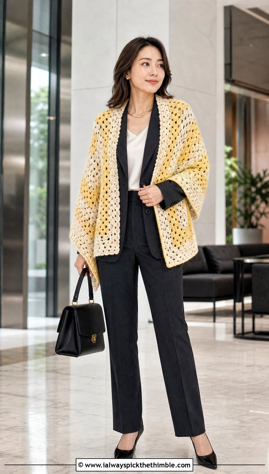 Two Tone Square Crochet Shawl With Tailored Suit - 20 Square Crochet Shawl outfit ideas