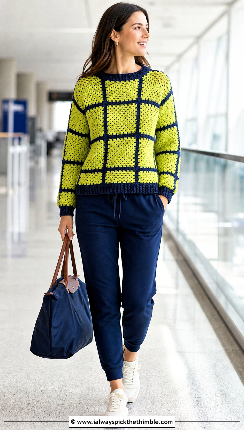 Two Tone Square Crochet Sweater With Joggers And Sneakers - 20 Square Crochet Sweater outfit ideas