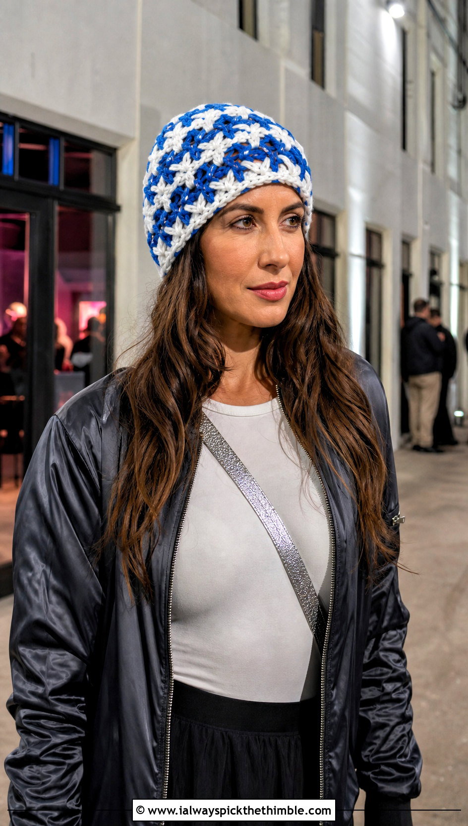 Two Tone Star Stitch Crochet Beanie With Bomber Jacket - 20 Star Stitch Crochet Beanie outfit ideas
