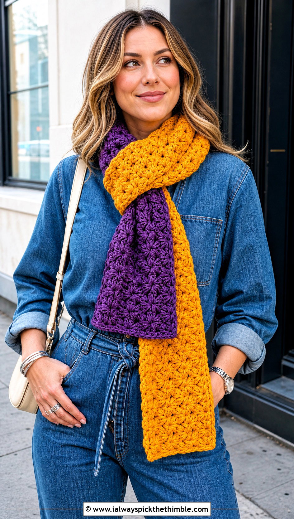 Two Tone Star Stitch Scarf With Denim Jumpsuit - 20 Crochet Star Stitch Scarf outfit ideas