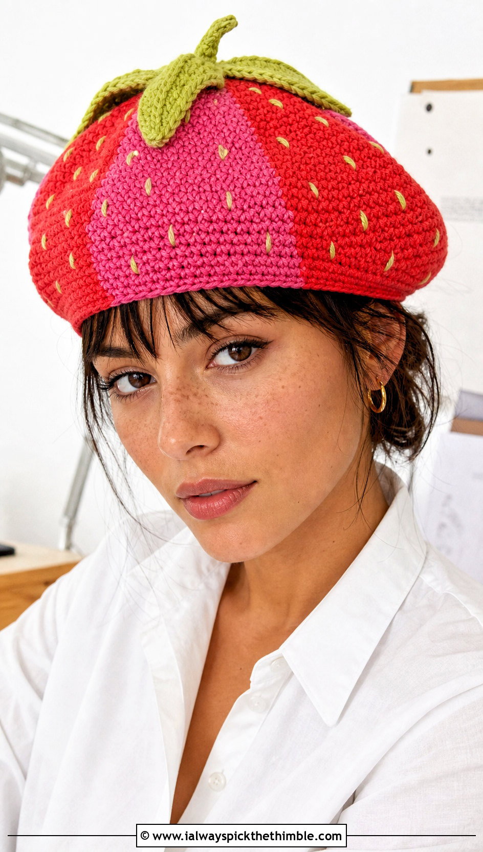 Two Tone Strawberry Crochet Beret With White Shirt - 20 strawberry crochet beret outfit ideas