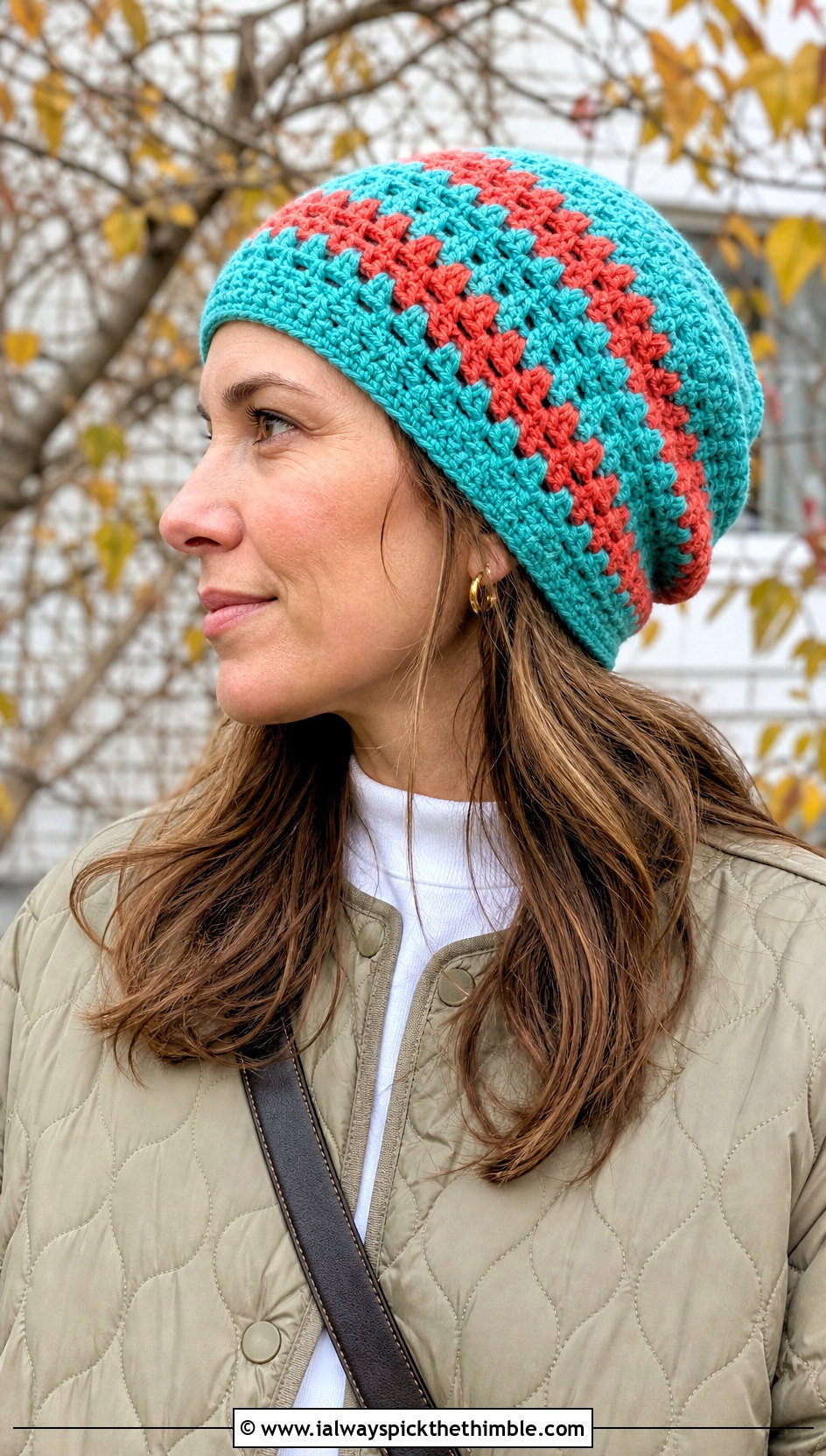Two Tone Stripe Slouchy Crochet Beanie With Quilted Jacket - 15 Striped Slouchy Crochet Beanie outfit ideas