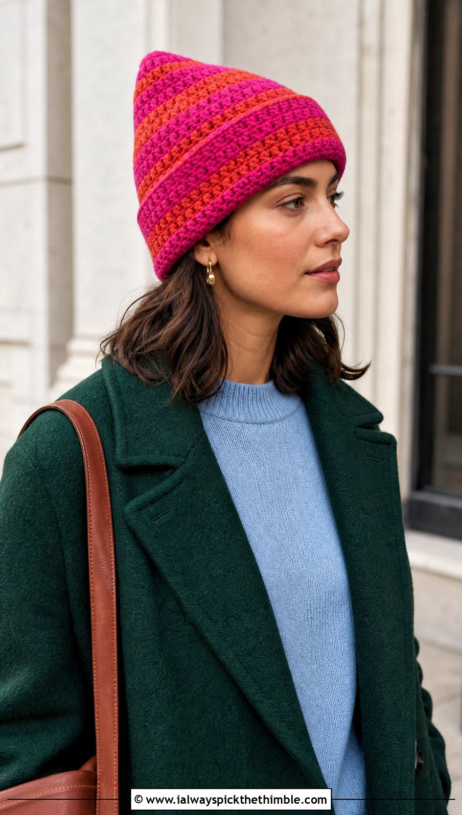 Two Tone Striped Crochet Beanie With Wool Coat And Loafers - 15 Crochet Striped Beanies outfit ideas