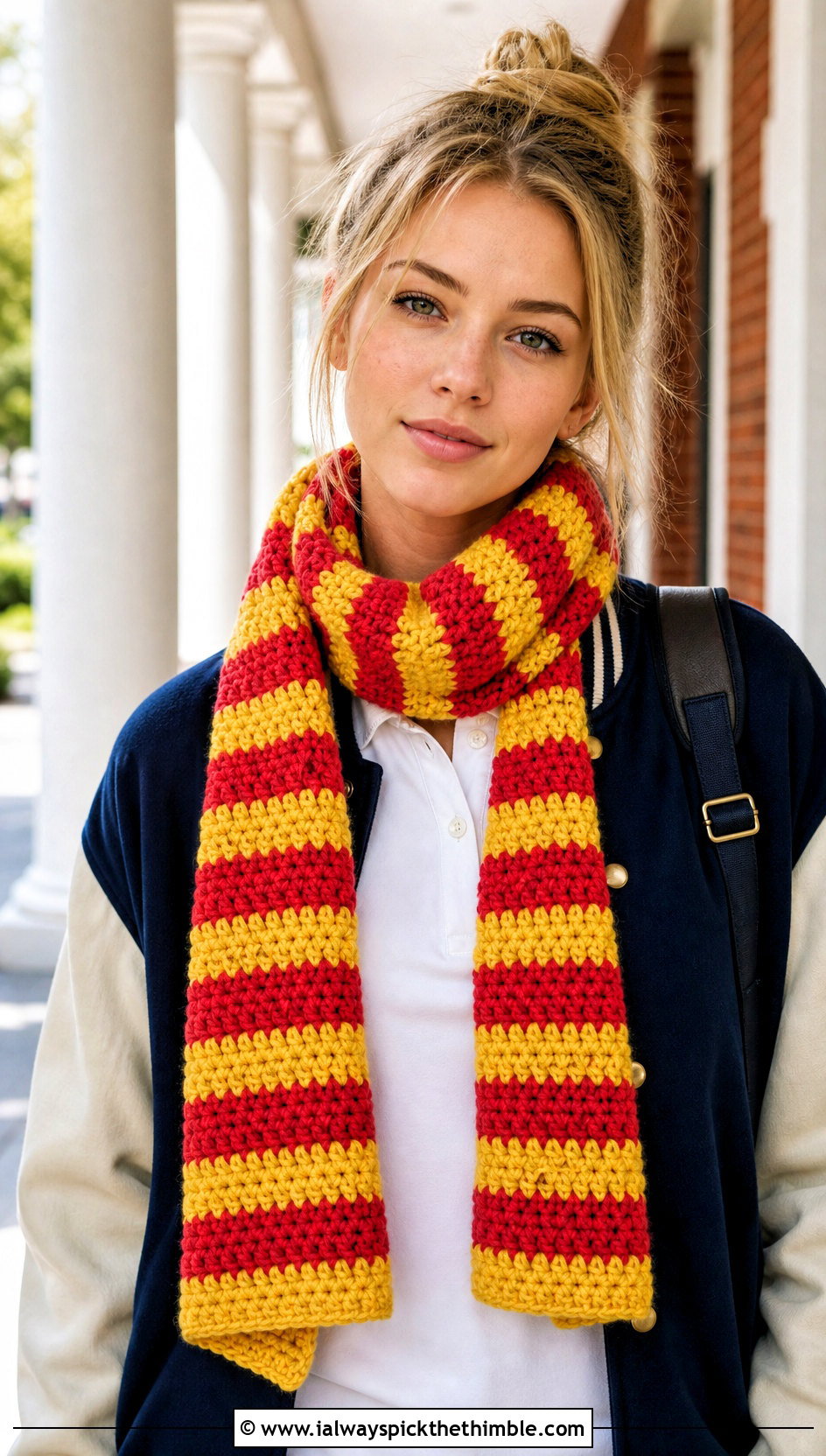 Two Tone Striped Crochet Scarf With Varsity Jacket - 20 two tone crochet scarf outfit ideas