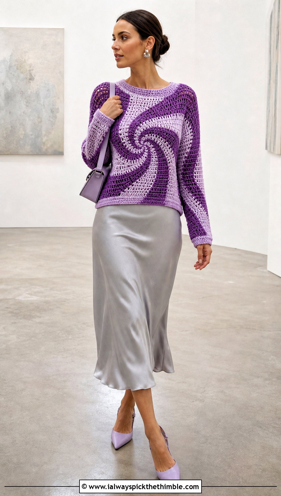 Two Tone Swirl Crochet Sweater With Satin Midi Skirt - 20 swirl crochet sweater outfit ideas