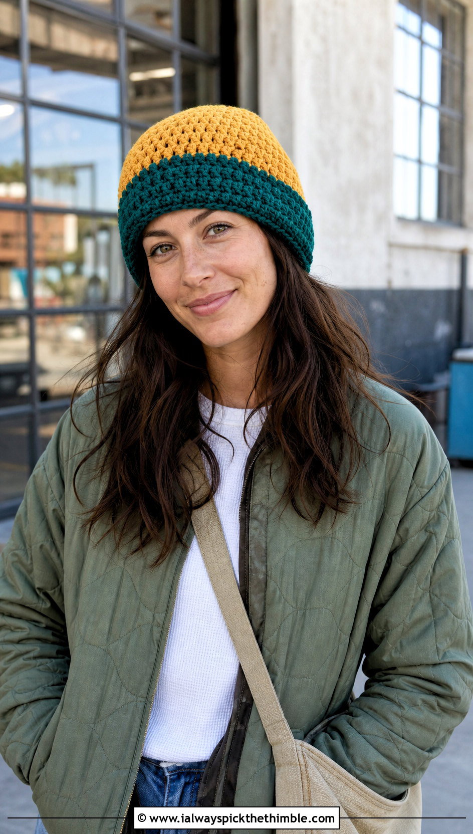 Two Tone Top Down Crochet Beanie With Quilted Jacket And Carpenter Jeans - 25 top down crochet beanie outfit ideas