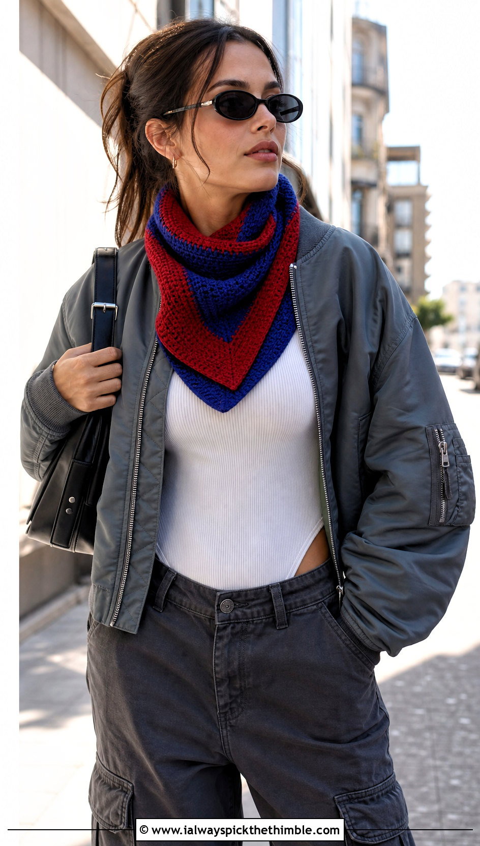 Two Tone Tunisian Crochet Triangle Shawl With Cargo Pants - 20 Tunisian Crochet Triangle Shawl outfit ideas