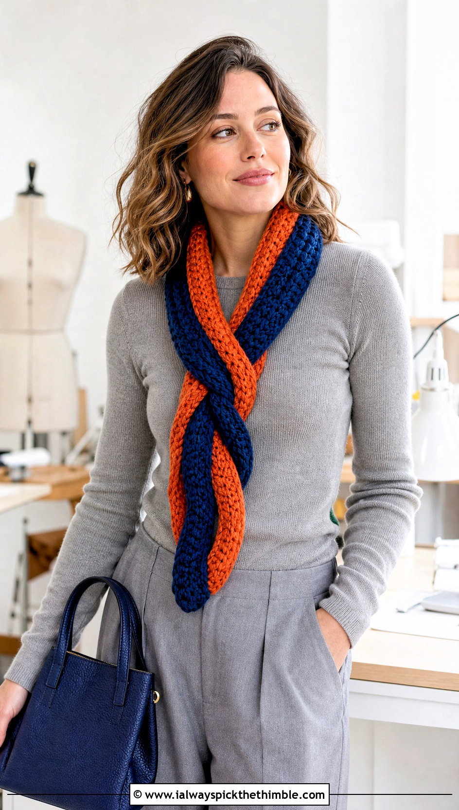 Two Tone Twisted Crochet Scarf With Monochrome Separates - 20 two tone crochet scarf outfit ideas