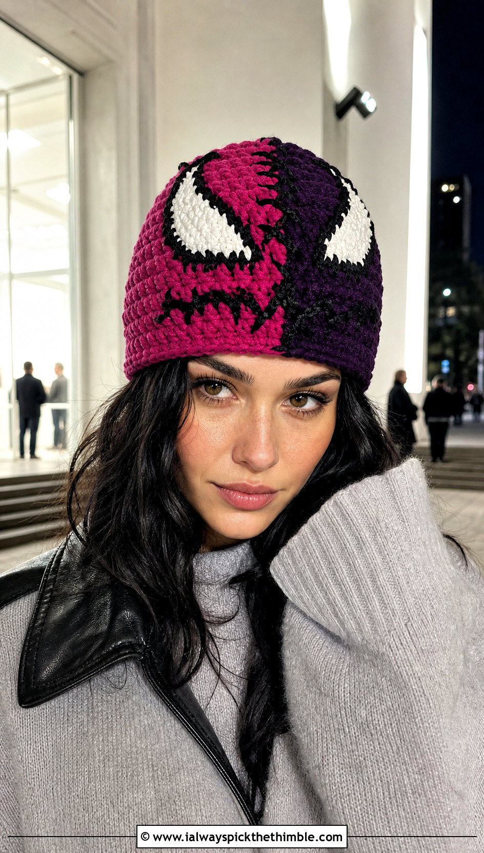 Two Tone Venom Crochet Beanie With Leather Mini Skirt - 20 venom crochet beanie outfit ideas