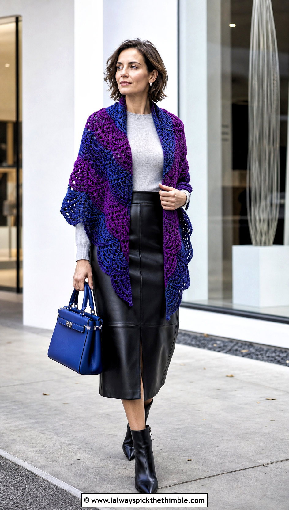 Two Tone Virus Shawl With Leather Midi Skirt - 25 crochet virus shawl outfit ideas