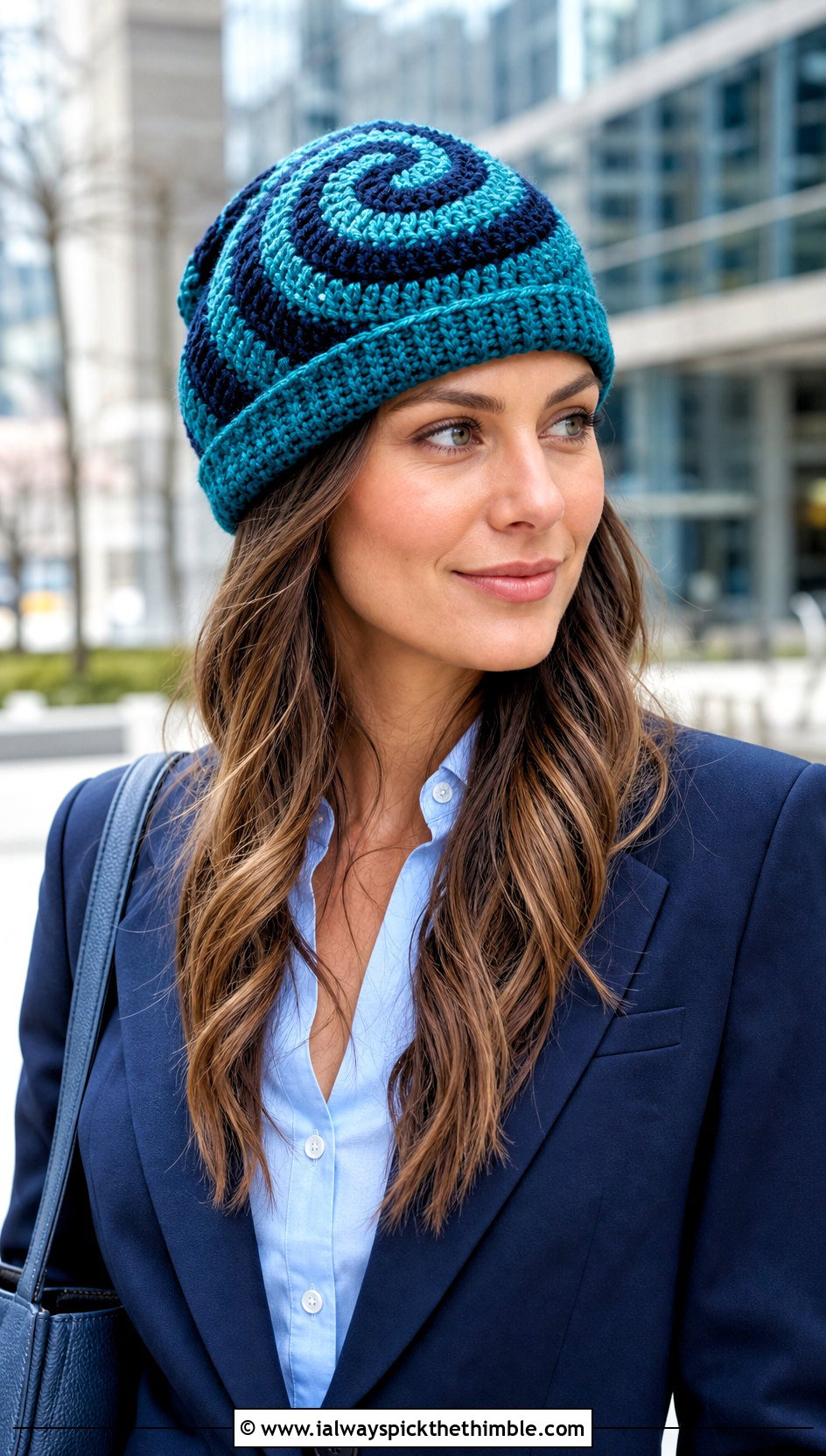 Two Tone Vortex Crochet Swirl Beanie With Blazer And Trousers - 15 crochet swirl beanie outfit ideas