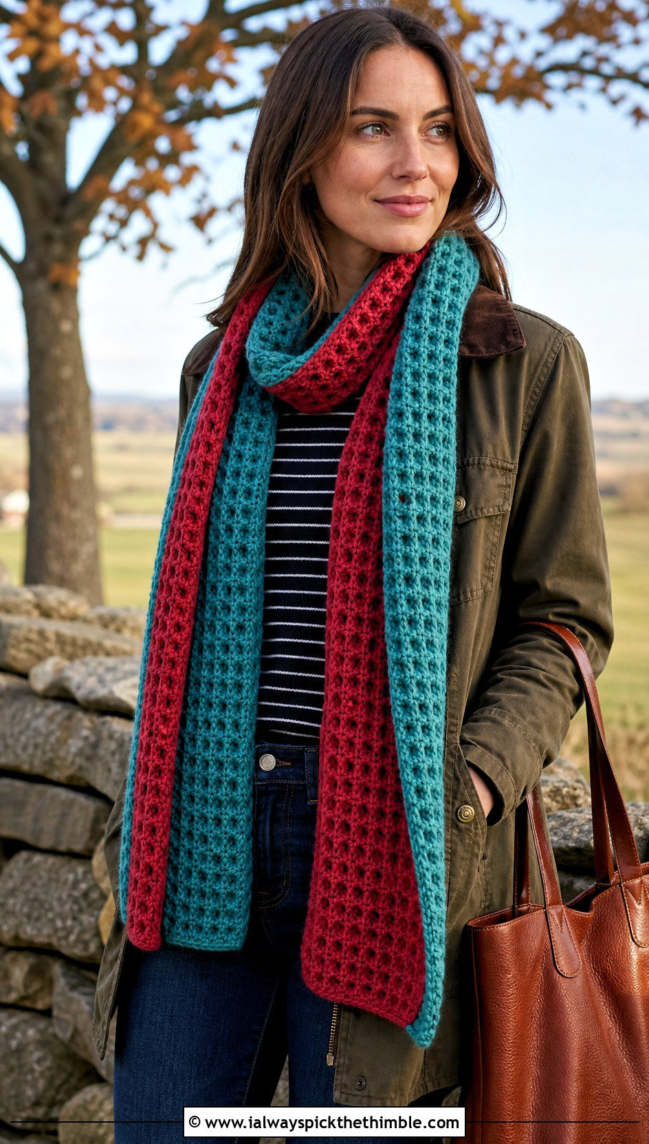 Two Tone Waffle Crochet Scarf With Barn Jacket And Straight Jeans - 20 Waffle Crochet Scarf outfit ideas