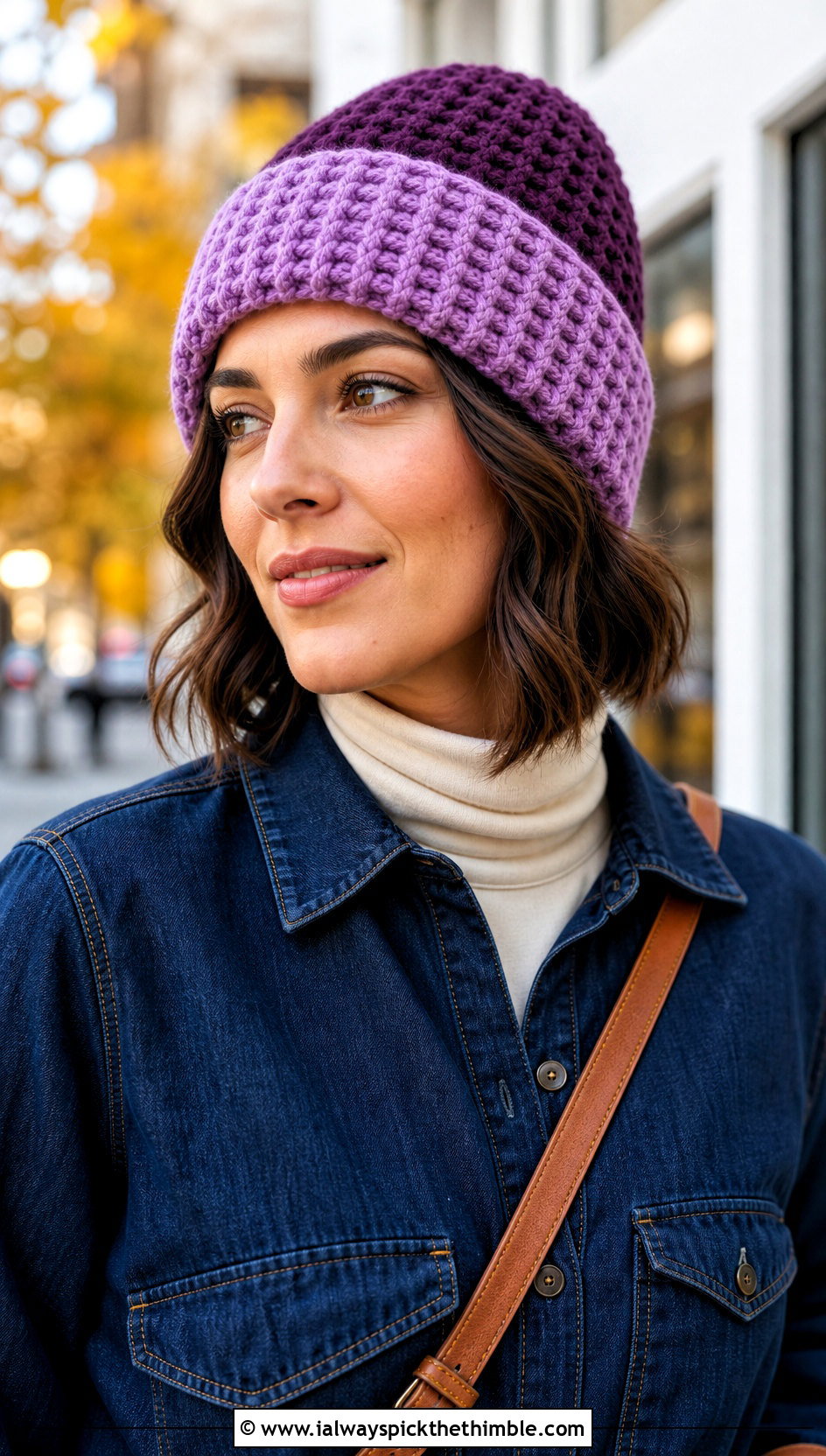 Two Tone Waffle Crochet Toque With Denim Dress - 20 Waffle Crochet Hat outfit ideas