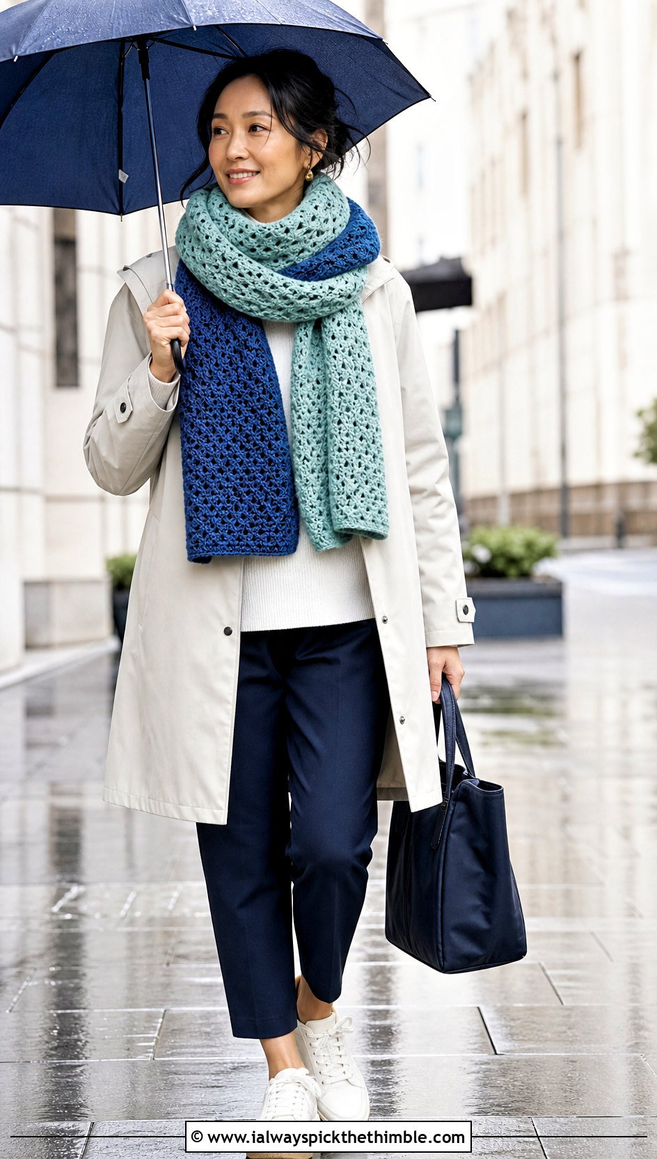 Two Tone Waffle Stitch Crochet Scarf With Raincoat - 20 waffle stitch crochet scarf outfit ideas