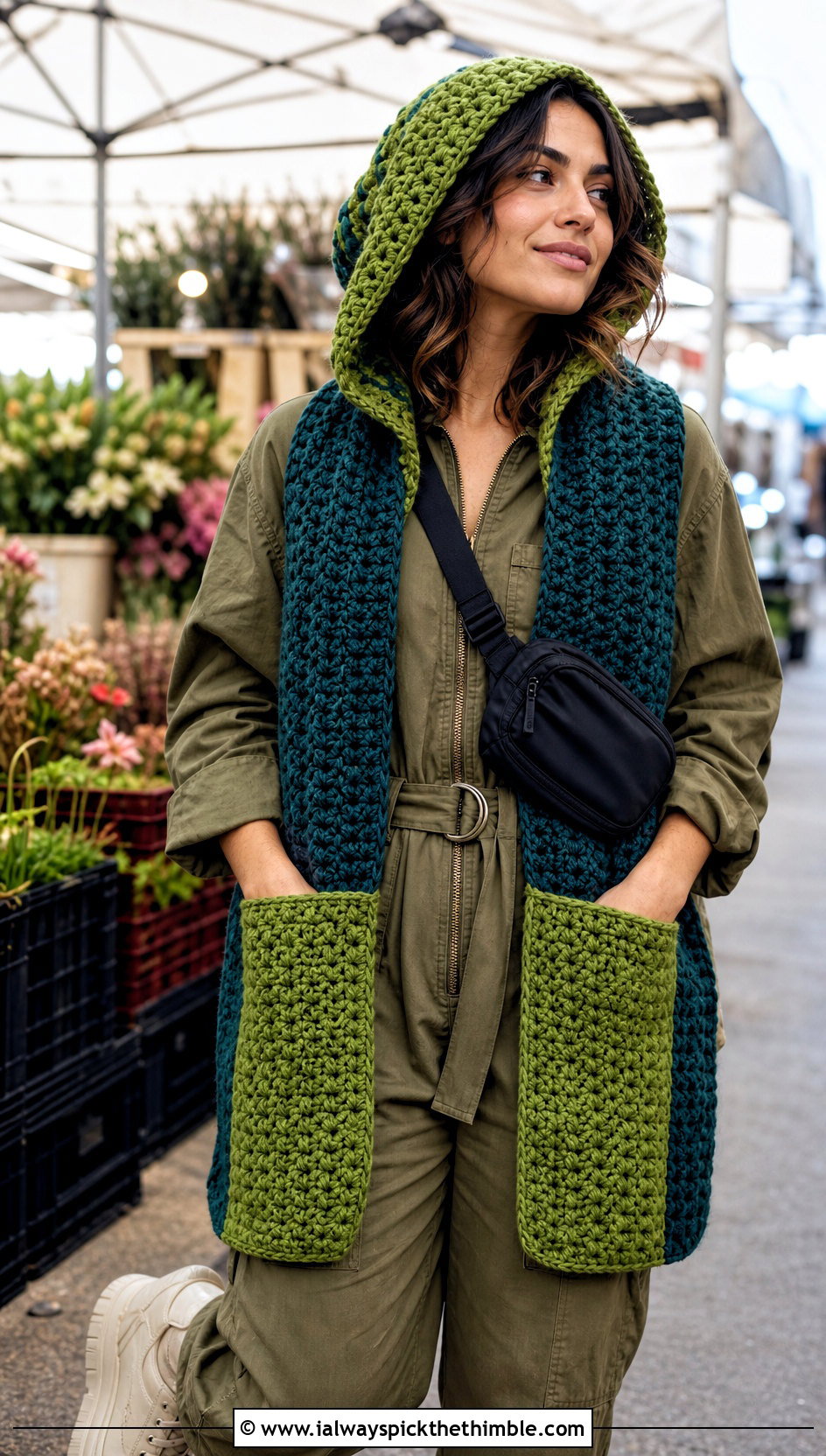 Two Tone Woodland Hooded Crochet Scarf With Utility Jumpsuit - 15 Woodland Hooded Crochet Scarf outfit ideas