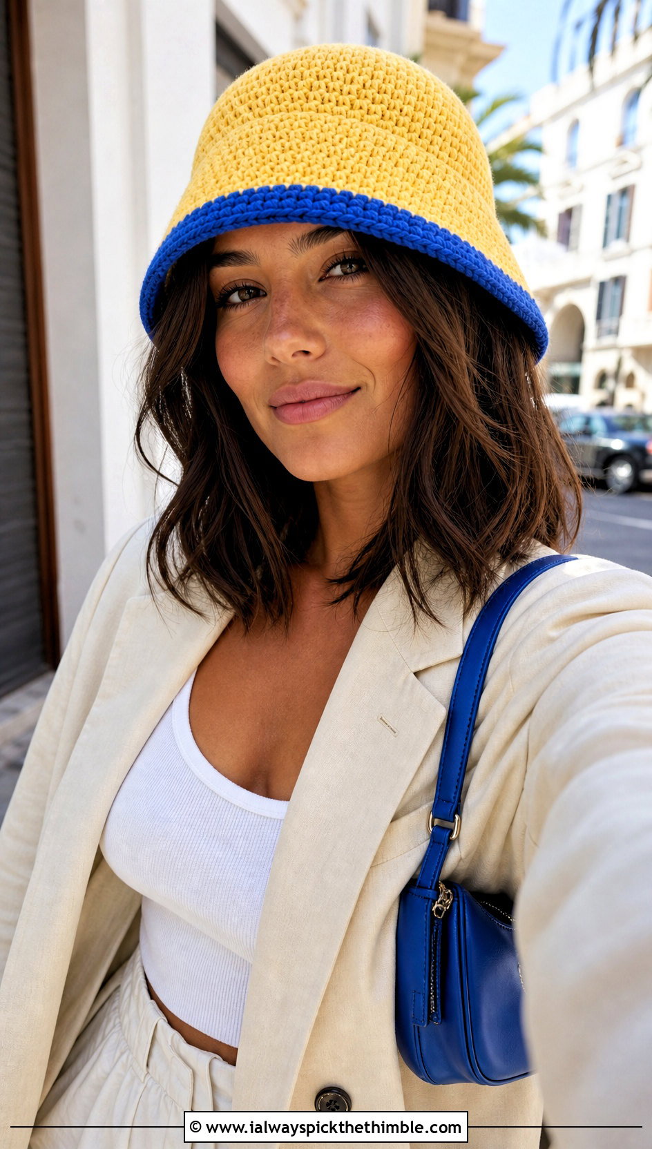 Two Tone Yellow Crochet Bucket Hat With Blazer And Shorts - 20 yellow crochet bucket hat outfit ideas