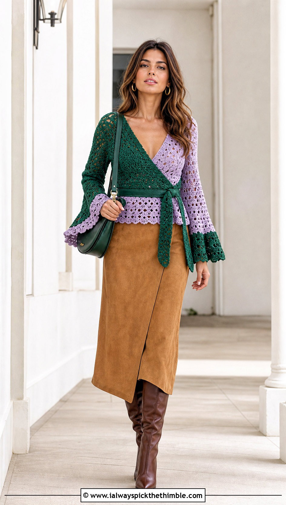 Two Toned Bell Sleeve Crochet Wrap Top With Suede Skirt - 20 Two Toned Crochet Top outfit ideas