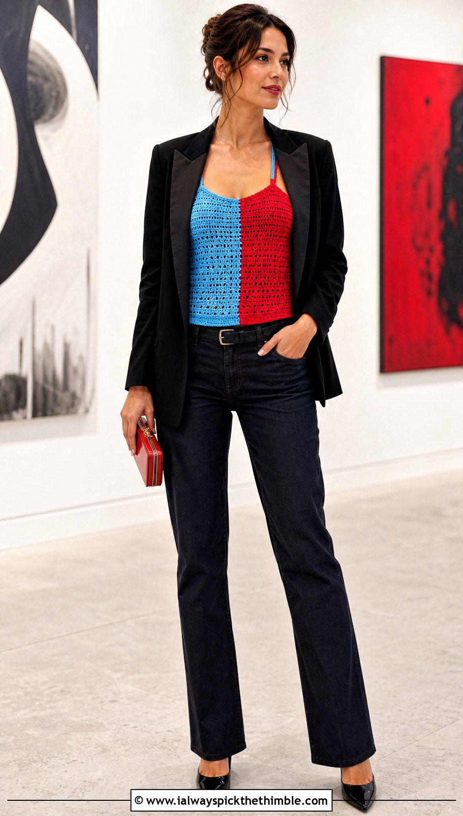 Two Toned Crochet Camisole Top With Tuxedo Blazer And Jeans - 20 Two Toned Crochet Top outfit ideas