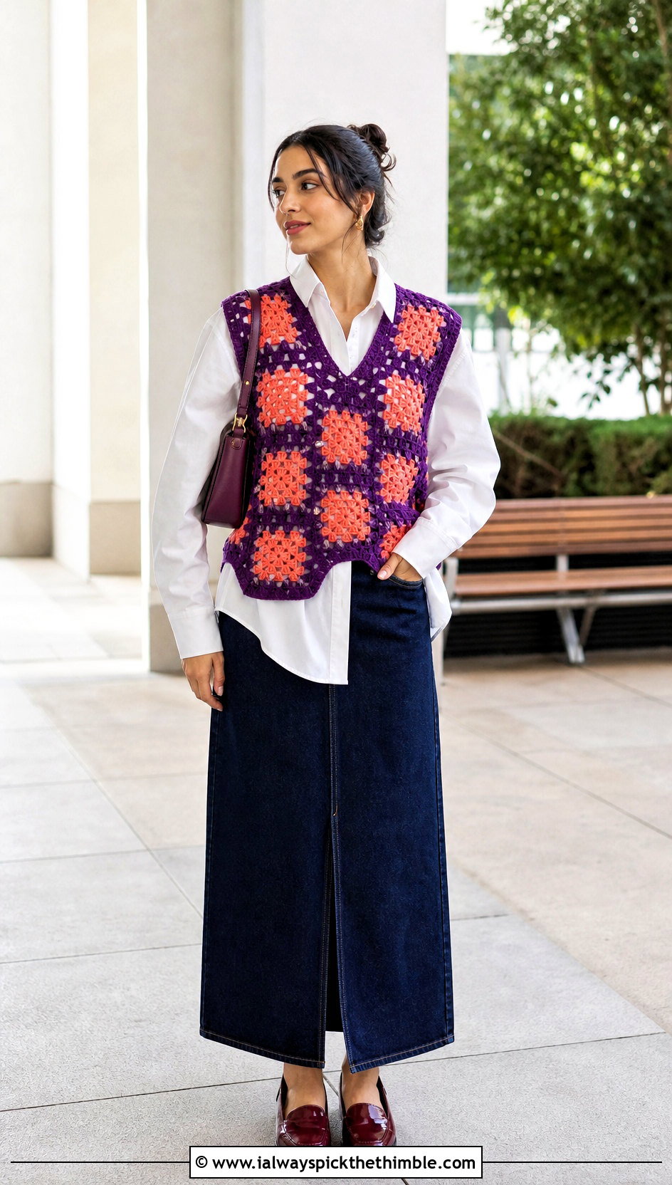 Two Toned Granny Square Crochet Vest With Shirt And Denim Skirt - 20 Two Toned Crochet Top outfit ideas